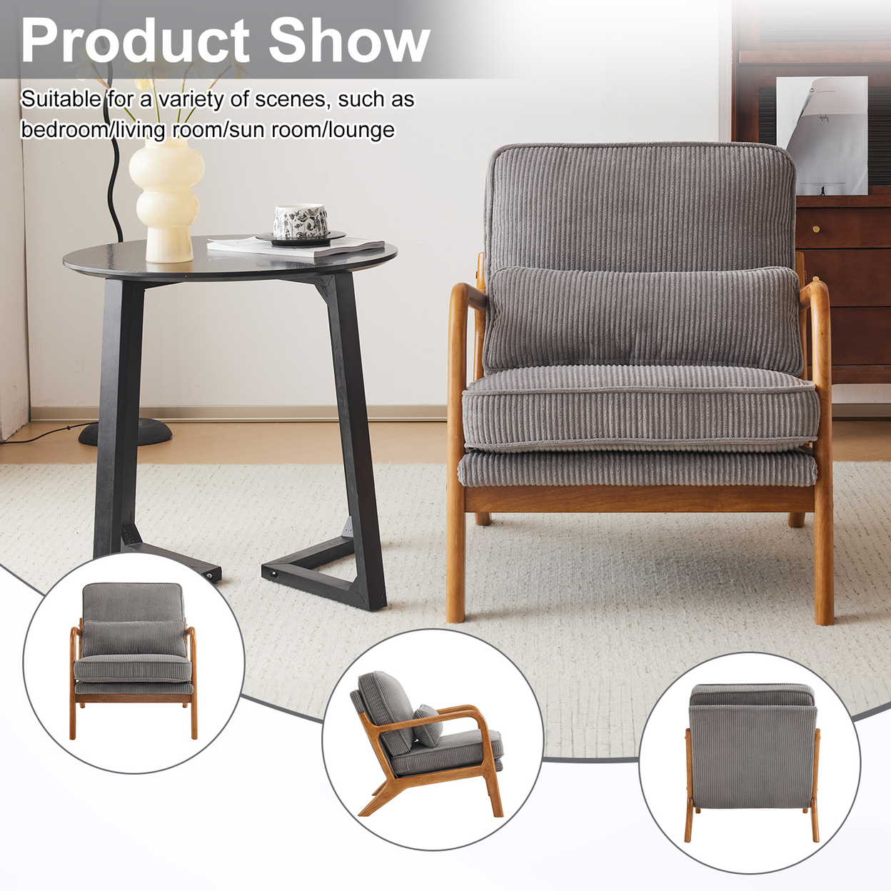 Low Arm Accent Chair - Light Gray Corduroy Upholstered Indoor Lounge Chair, Compact Single Seater with Sturdy Frame (330LBS Weight Capacity)