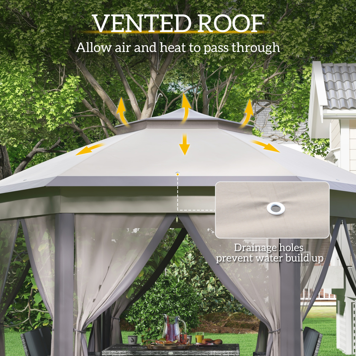 4.05m x 4.05m Metal Frame Mesh Draped 2-Tier Roof Gazebo Brown