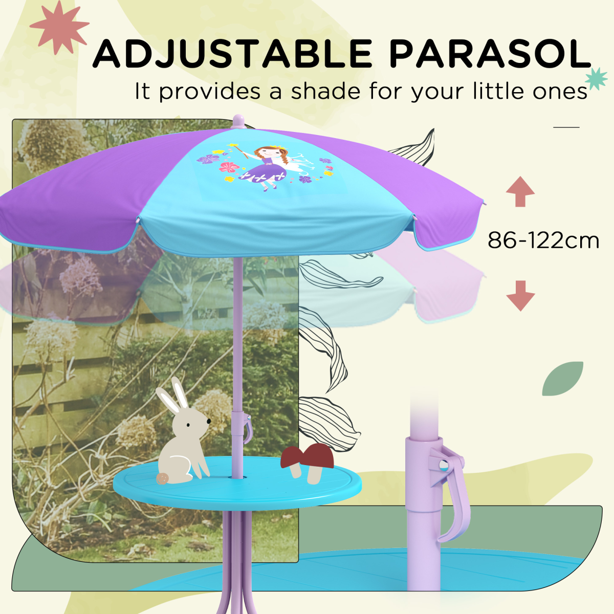 Outsunny Kids Bistro Table and Chair Set with Fairy Theme, Adjustable Parasol