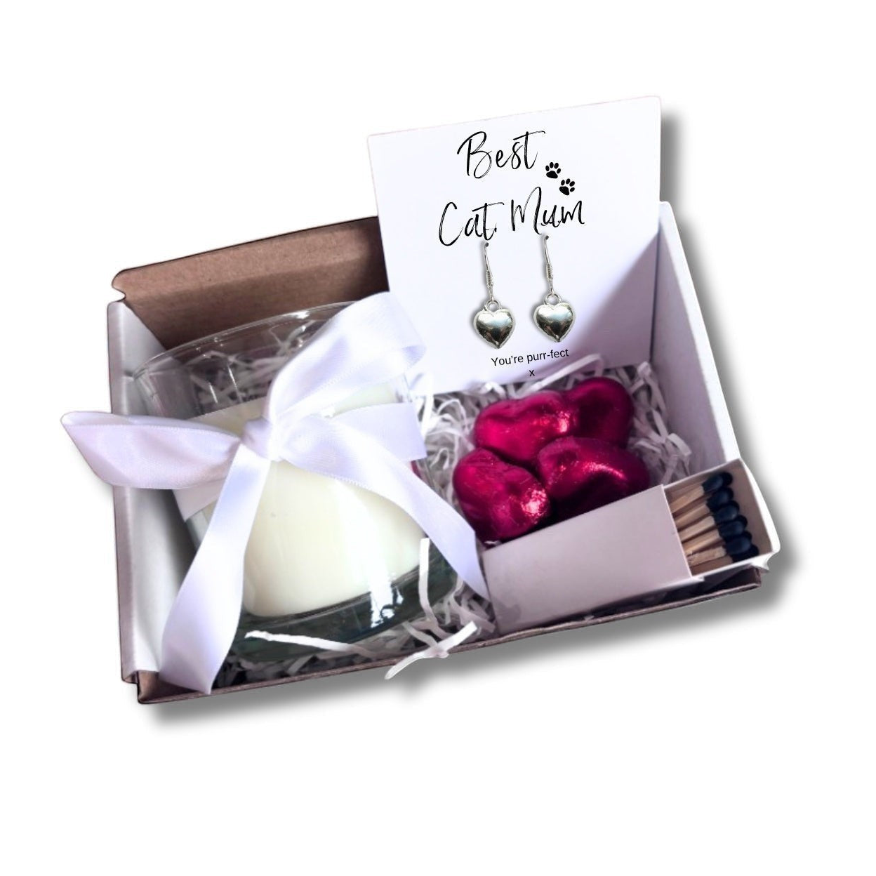 Small Best Cat Mum Gift Hamper Heart Earrings Chocolates & Candle