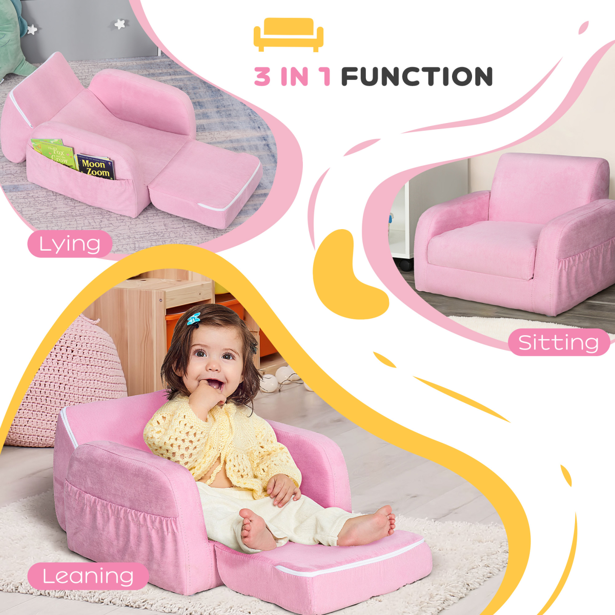 HOMCOM 2 In 1 Kids Armchair Sofa Bed Fold Out Padded Wood Frame Bedroom Pink
