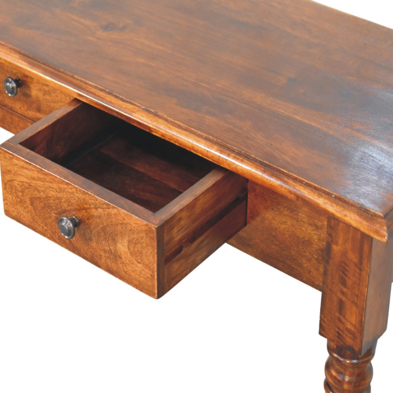 Artisan Furniture Solid Wood Turned Legs 3 Drawer Chestnut Console, Dark Brown