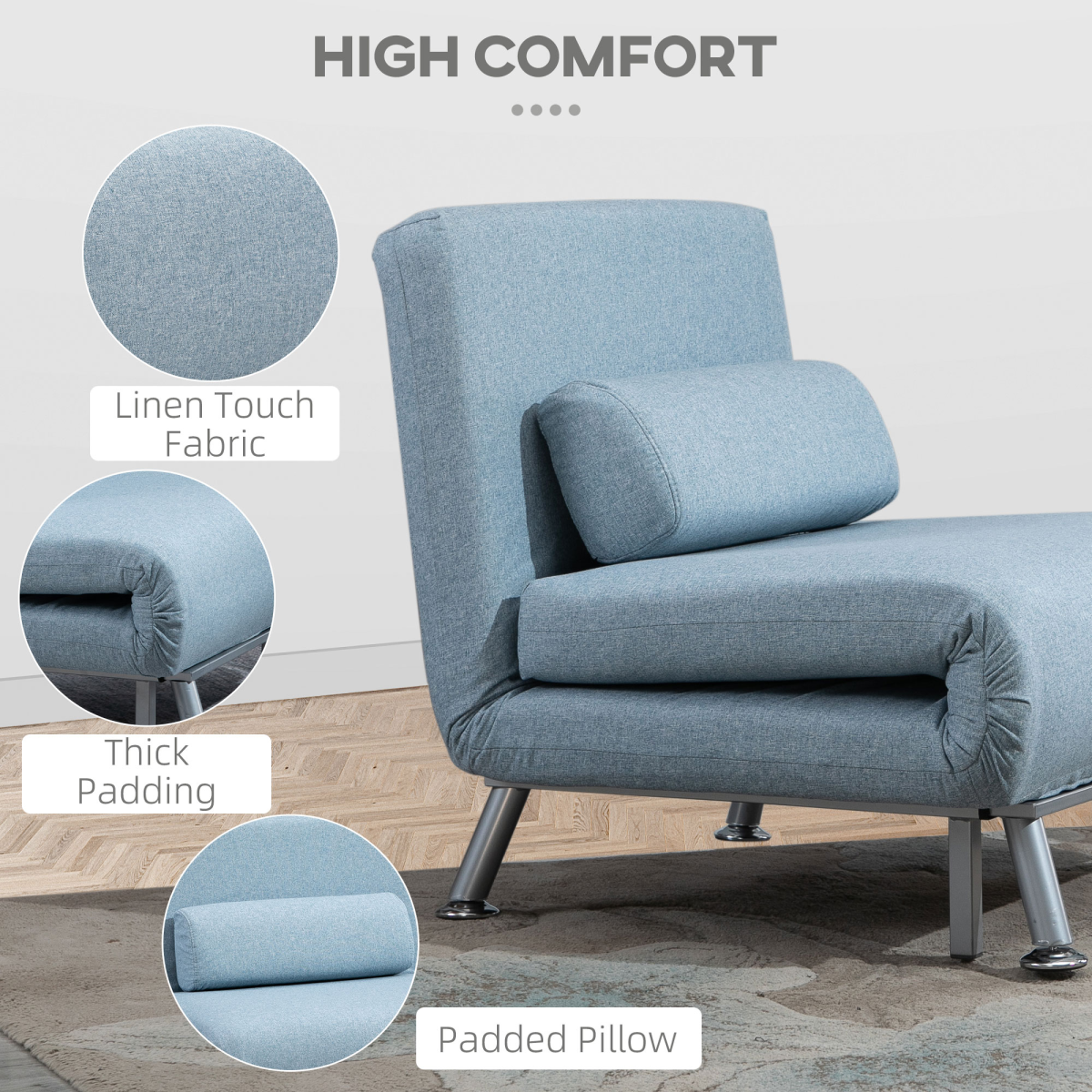 Single Folding 5 Position Convertible Sleeper Chair Sofa Bed Blue