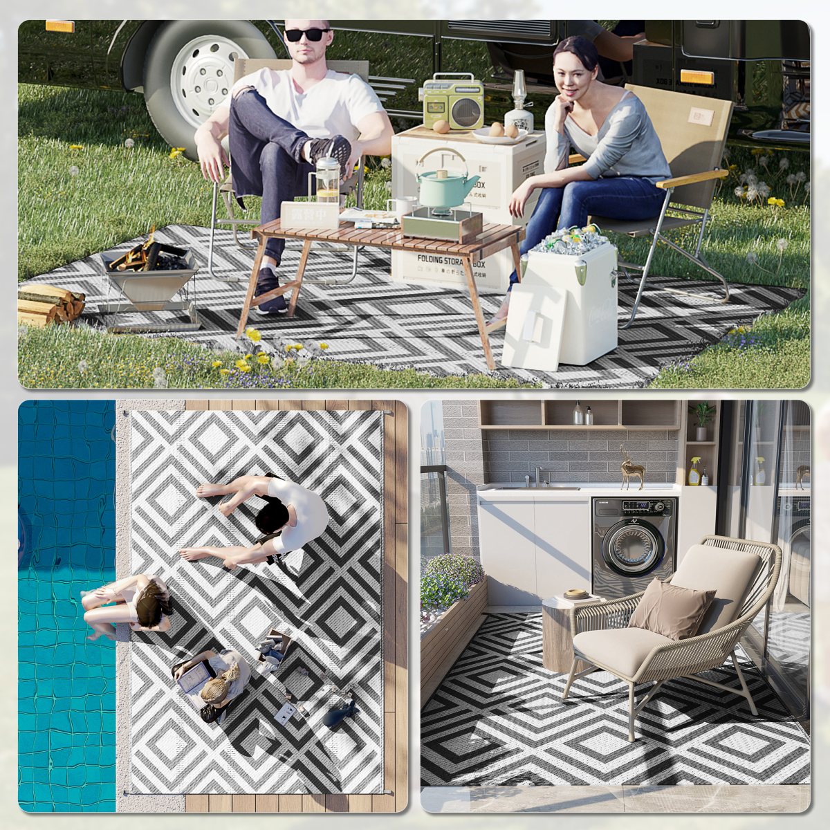 Outsunny Reversible Waterproof Outdoor Rug with Carry Bag, 182 x 274 cm, Black