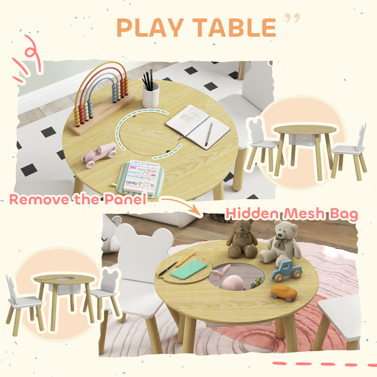 AIYAPLAY 3 Pieces Toddler Table and Chair Set w/ Centre Mesh Bag