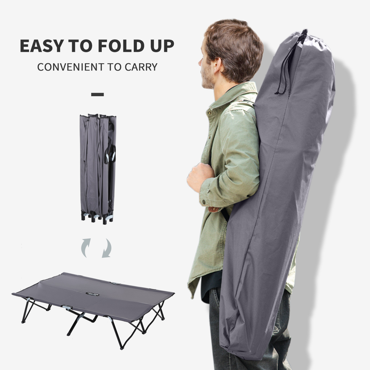 Outsunny Double Camping Folding Cot Outdoor Portable Sunbed w/ Carry Bag, Grey