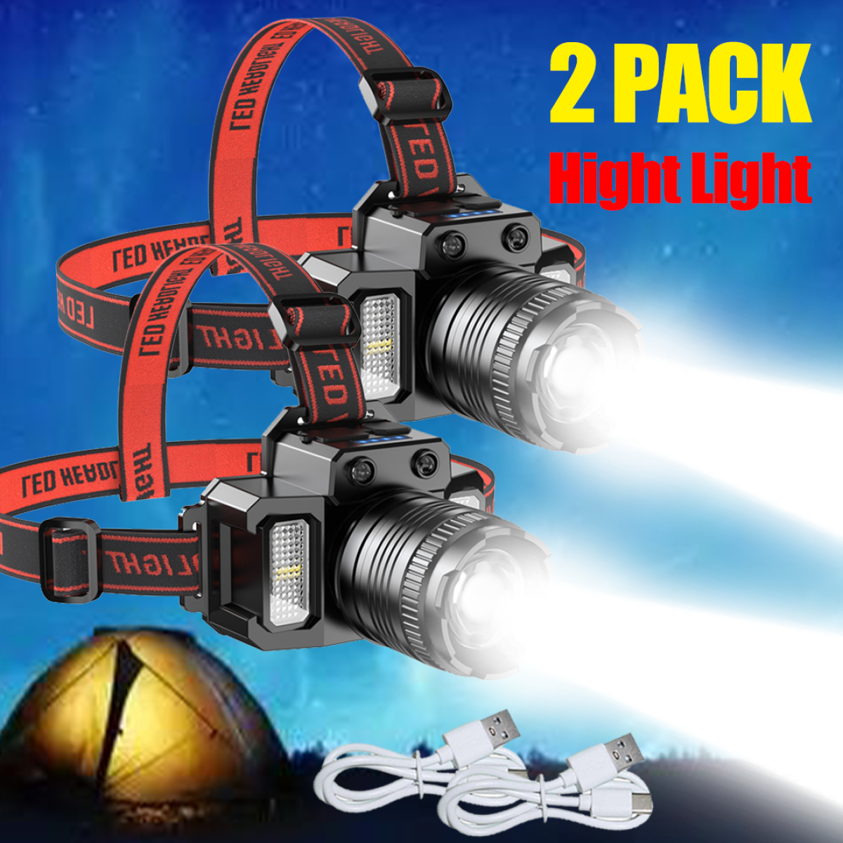 （2 Pack）5-Modes LED Headlamp Motion Sensor Headlamp USB Rechargeable Canping Hiking Headlight