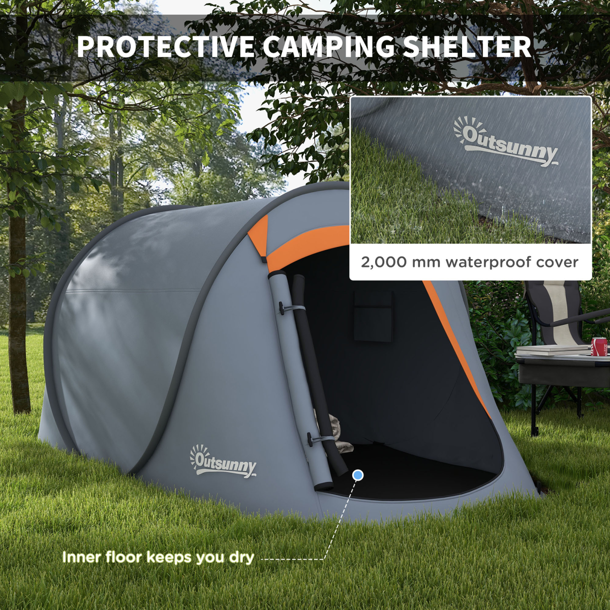 Outsunny Pop up Camping Tent for 2 Man, 2000mm Waterproof with Carry Bag, Grey