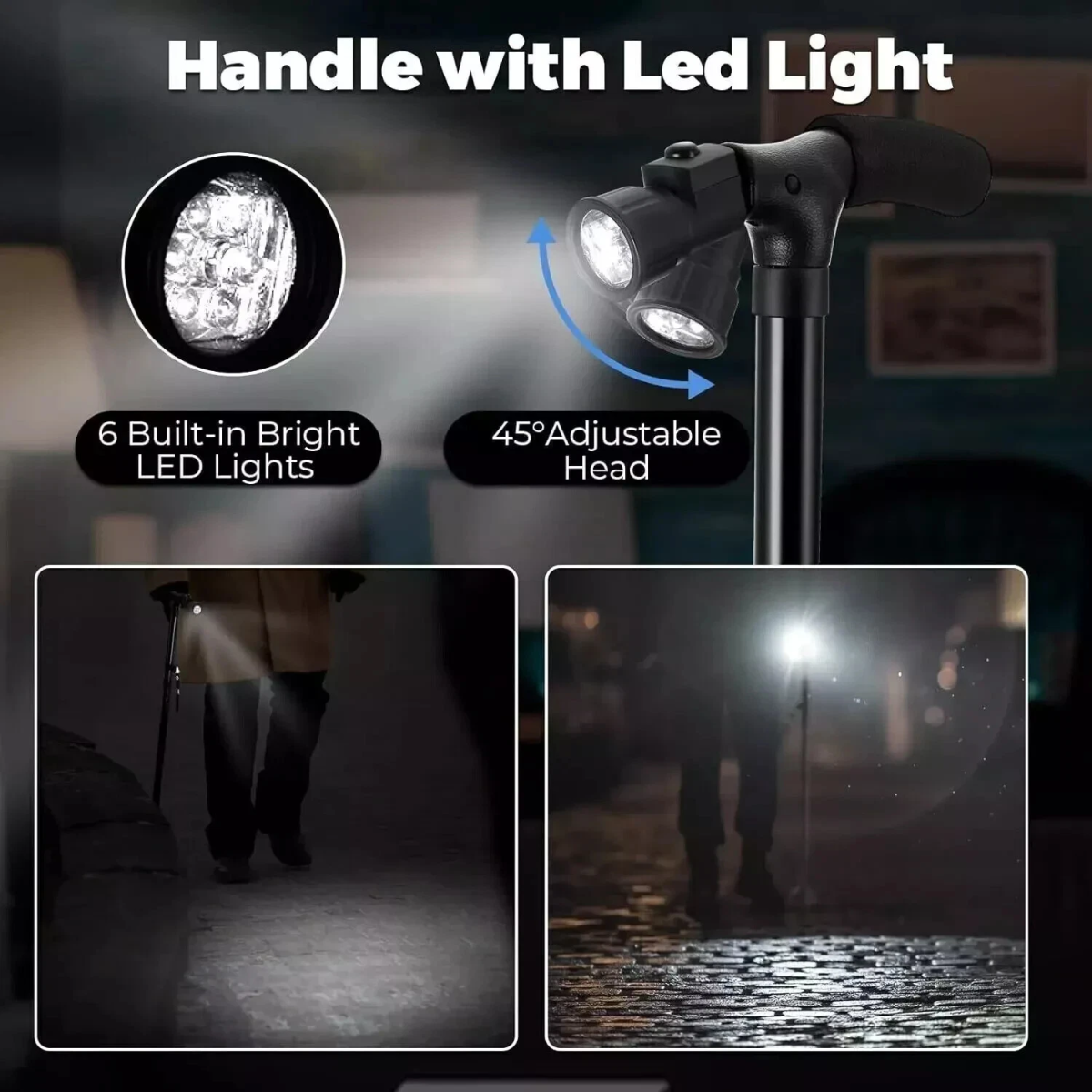Camping Hiking Walking Stick 5-Level Height Adjustable Folding Walking Cane with LED Light And Alarm