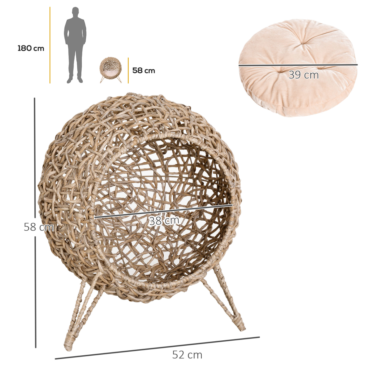 Rattan Elevated Cat House Kitten Bed Pet Furniture w/ Cushion Natural