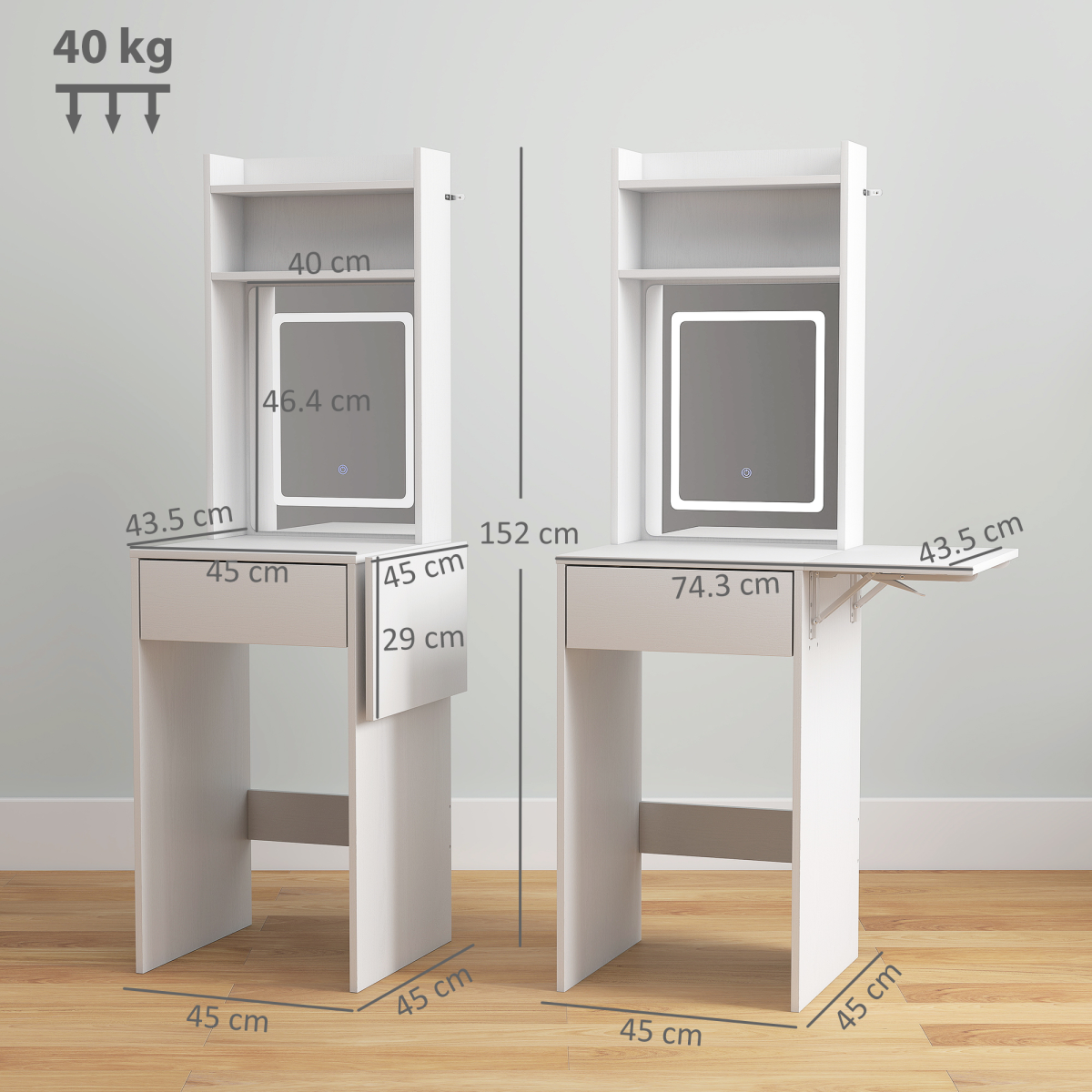 HOMCOM Compact Dressing Table with Lighted Mirror Open Shelves Drawer White