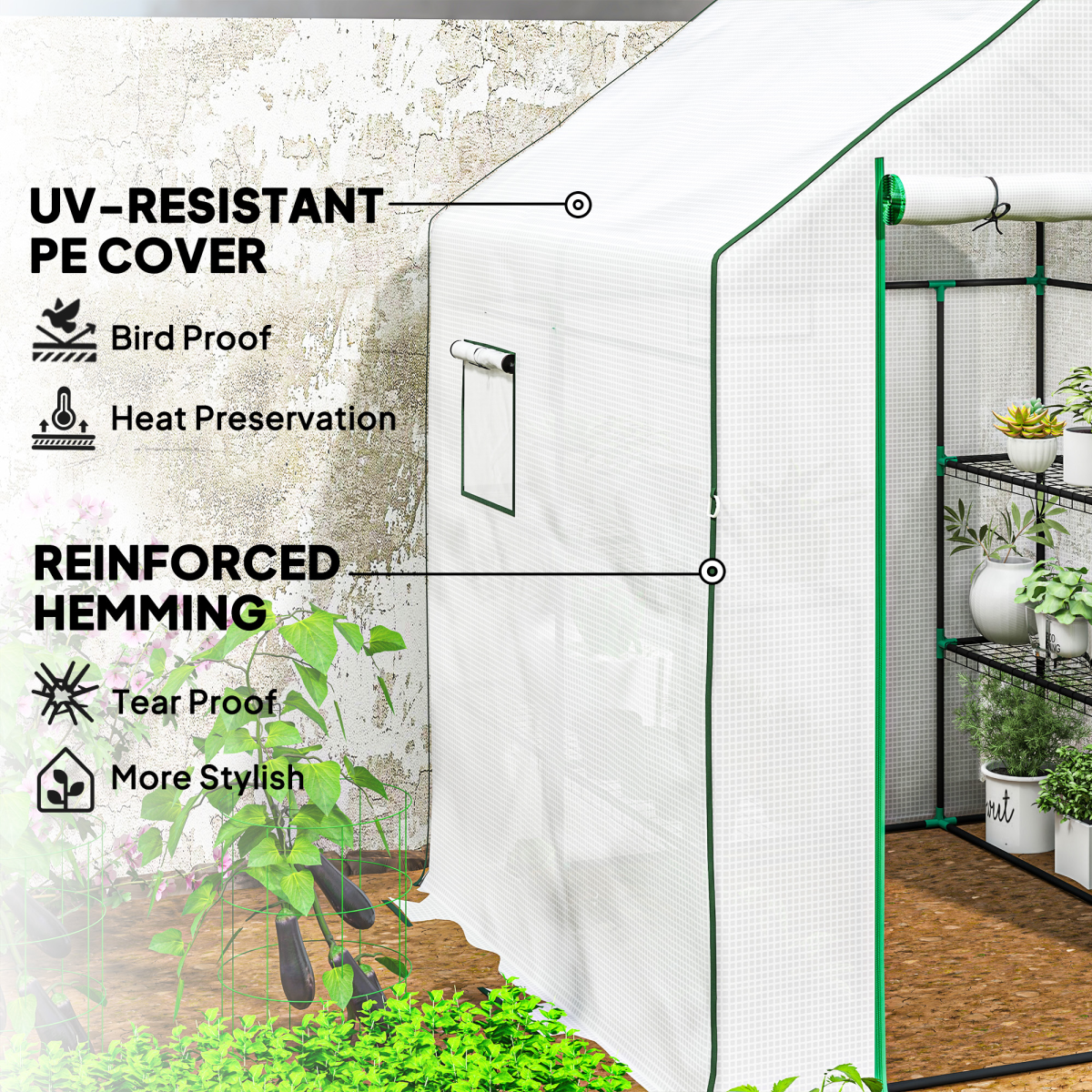 Outsunny Walk-in Greenhouse with 8 Shelves, Outdoor Small Greenhouse, White