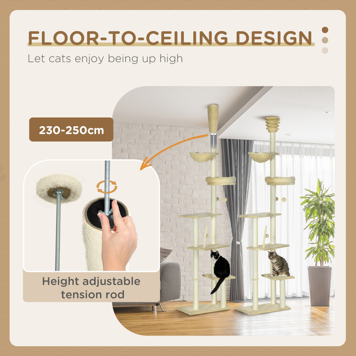 6-Tier Floor to Ceiling Cat Tree with Scratching Post, Bed, Hammock, Beige