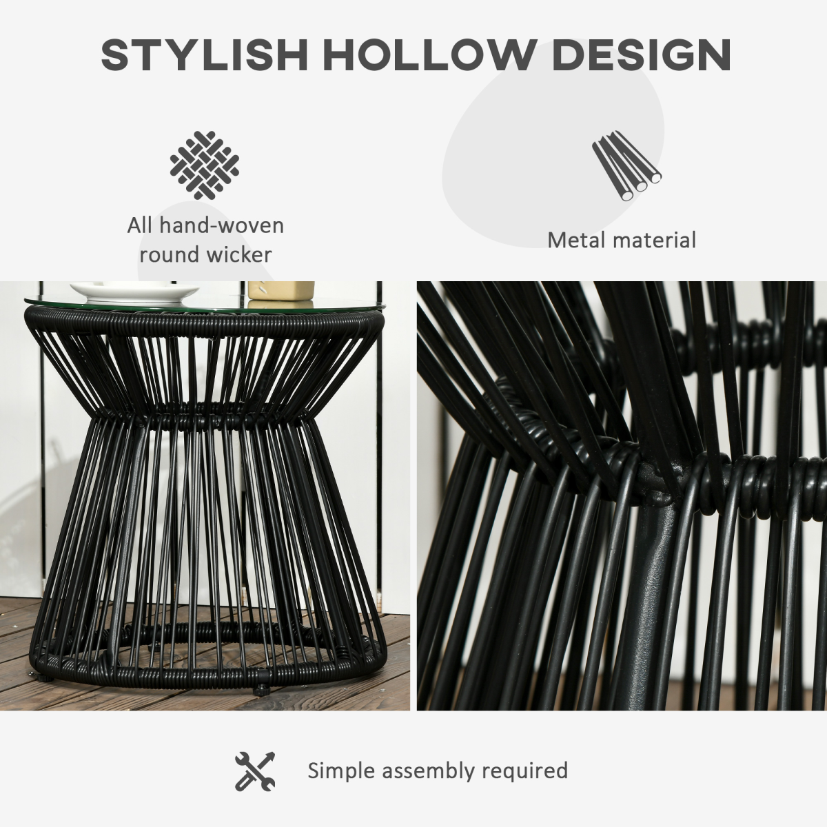 Outsunny PE Rattan End Table, Round Hollow Drum Design Side Table, Black