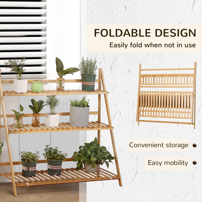 3-Tier Folding Bamboo Plant Stand Display Shelf Rack for Indoor & Outdoor