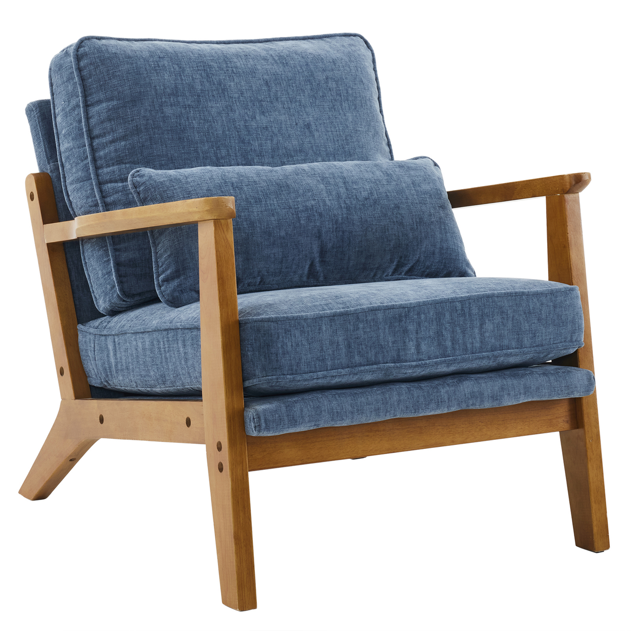 Mid-Century Oak Accent Chair - Deep Navy Blue Chenille Upholstered Single Lounge Chair, Sturdy Wood Frame Indoor Armchair (330LBS Weight Capacity)