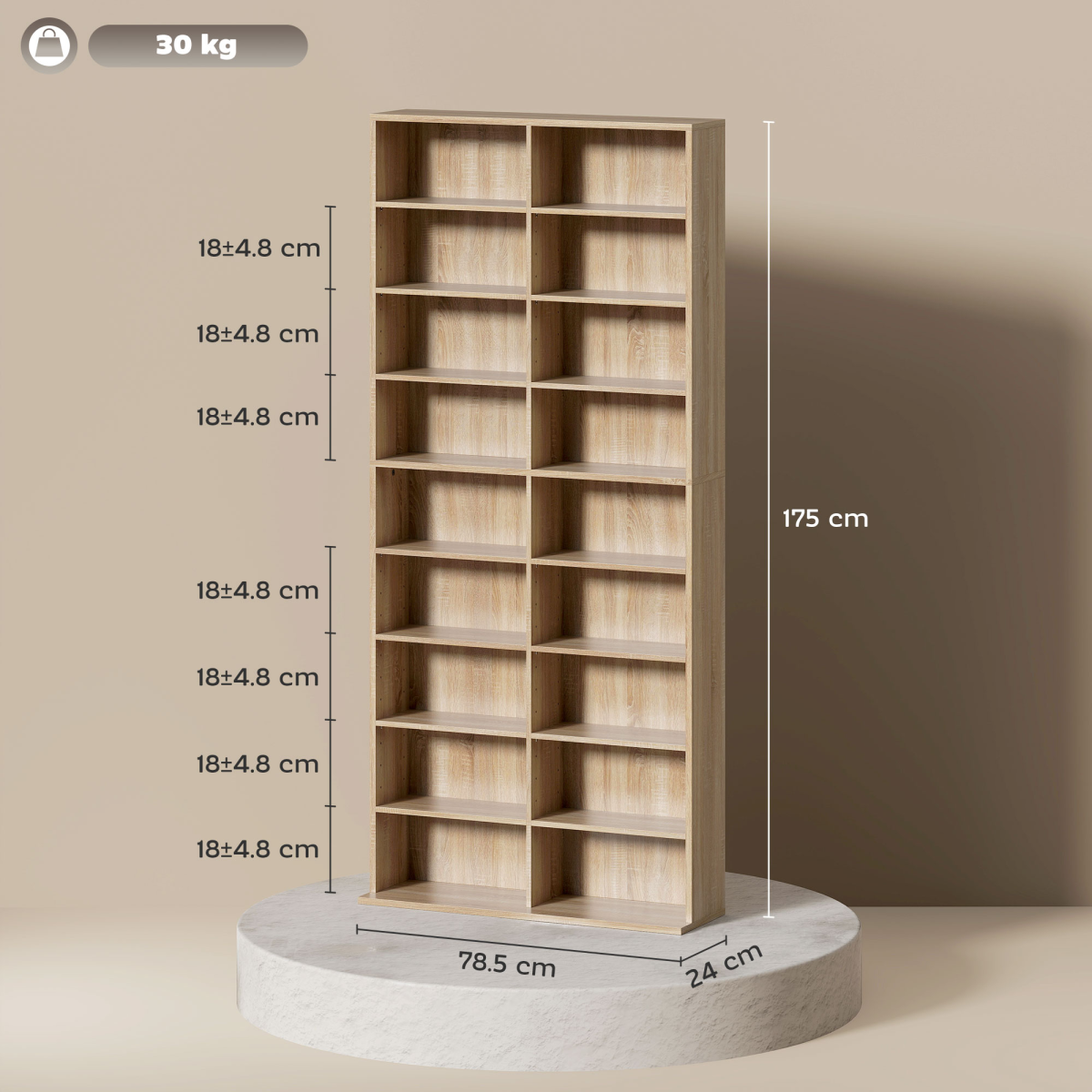 HOMCOM 640 CD Storage Unit 360 DVD Storage Tower w/ 18 Compartments Natural