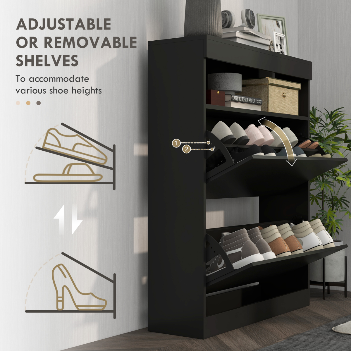 HOMCOM Wall Mounted or Freestanding Shoe Cabinet with 2 Flip Drawers, Black