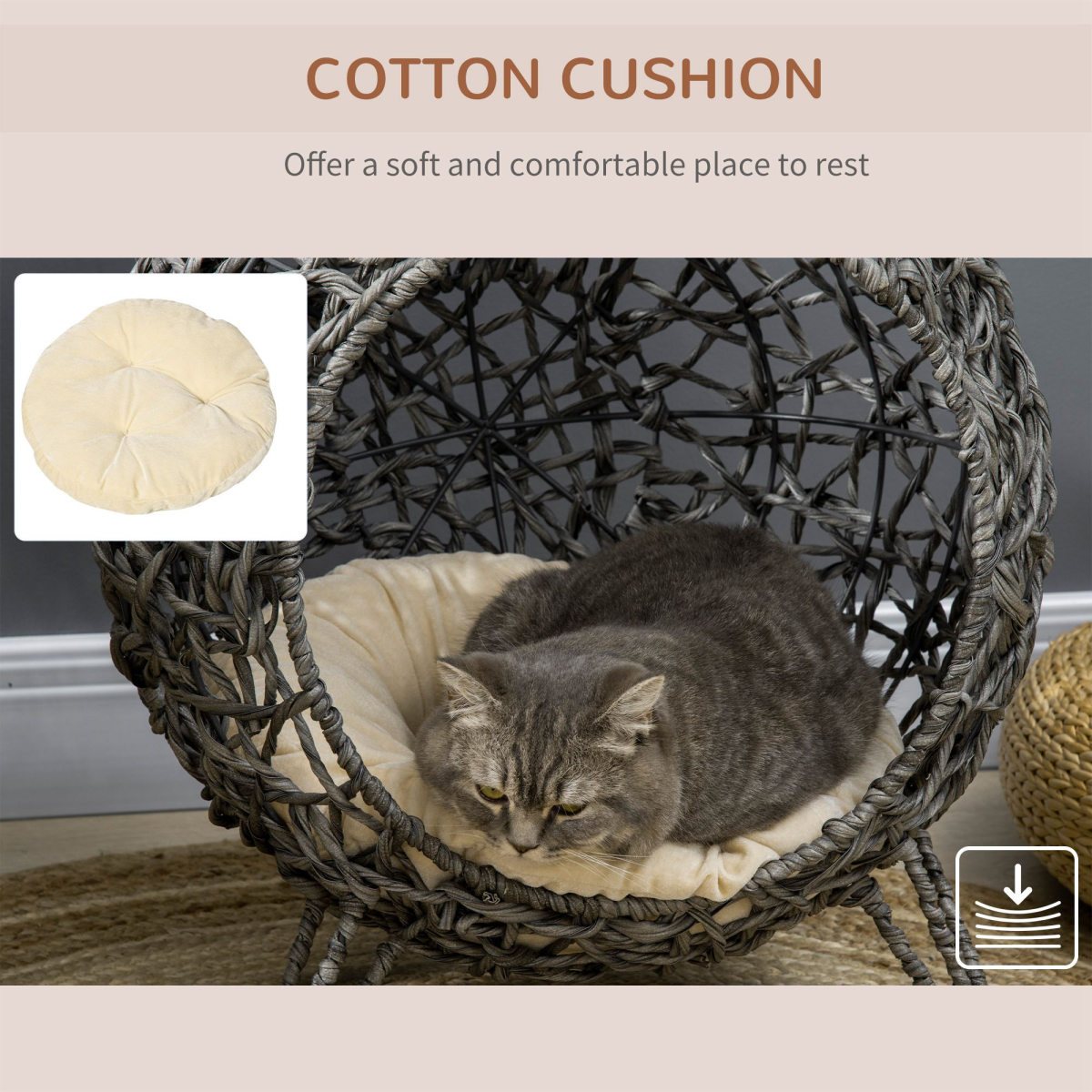 Rattan Elevated Cat House Kitten Basket Pet Bed w/ Cushion - Silver-Tone, Grey