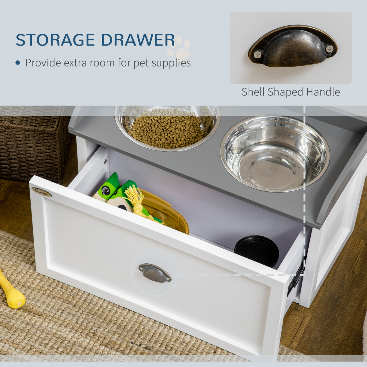 Elevated Dog Bowls w/ 21L Storage Drawer for Large Dogs and Cats - White