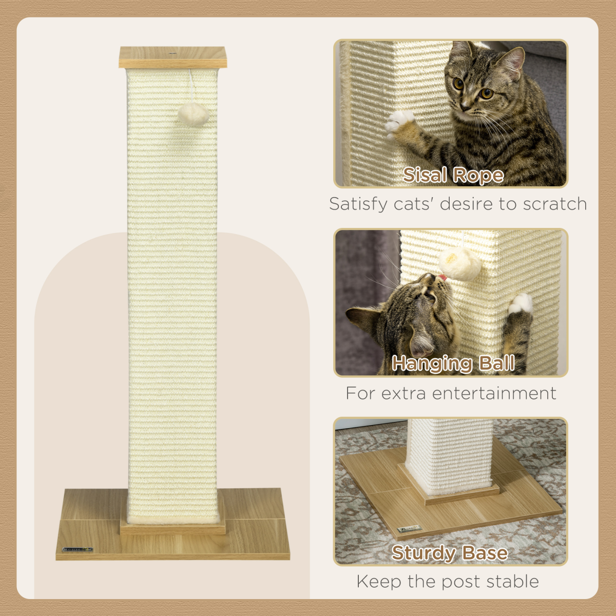 80cm Sisal Rope Scratching Post w/ Toy Ball - White