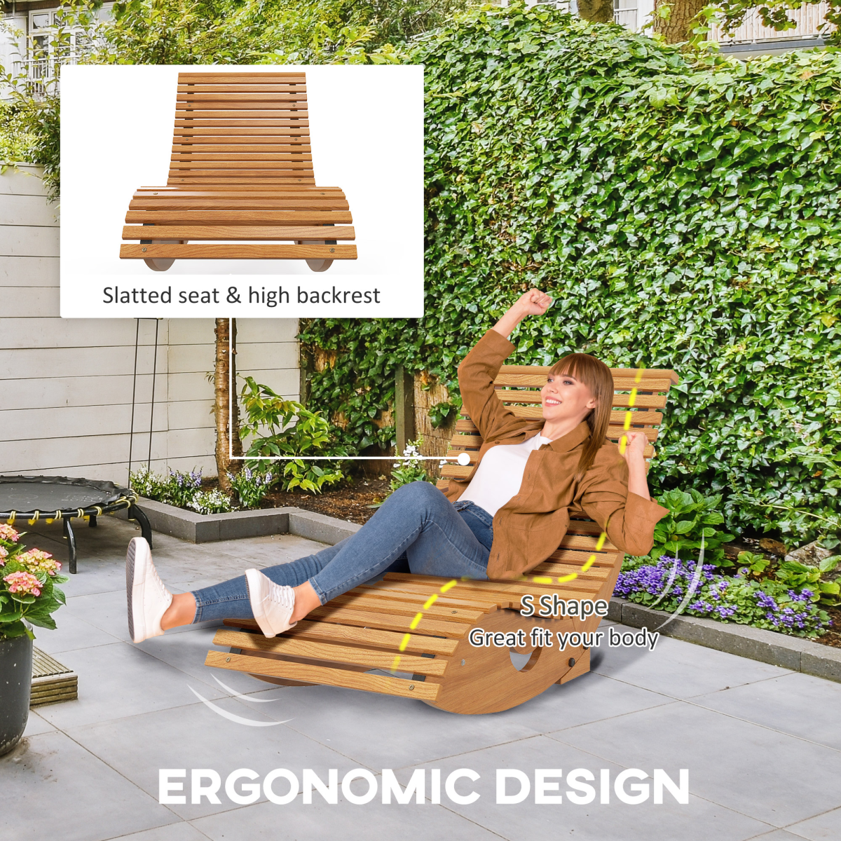 Outsunny Outdoor Rocking Chair w/ Slatted Seat, Wooden Rocking Chair, Teak
