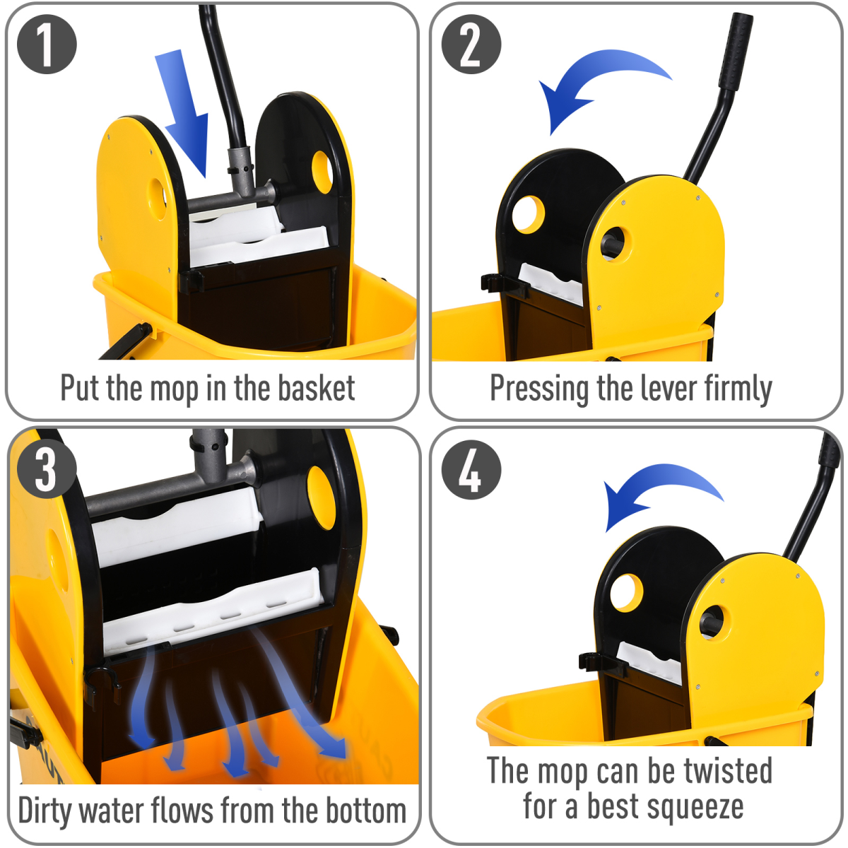 26L Mop Bucket & Water Wringer Wheels Plastic Body Metal Handle Yellow