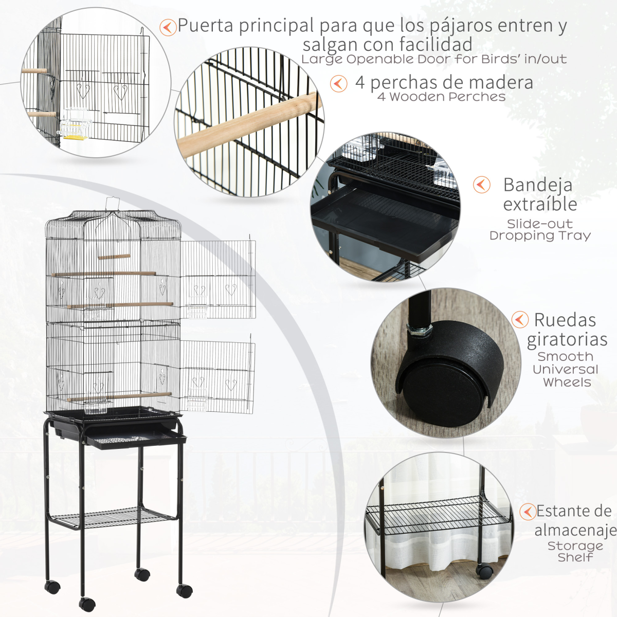 Bird Cage Metal Budgie Cages W/ Rolling Stand Slide-out Tray Storage Shelf Black