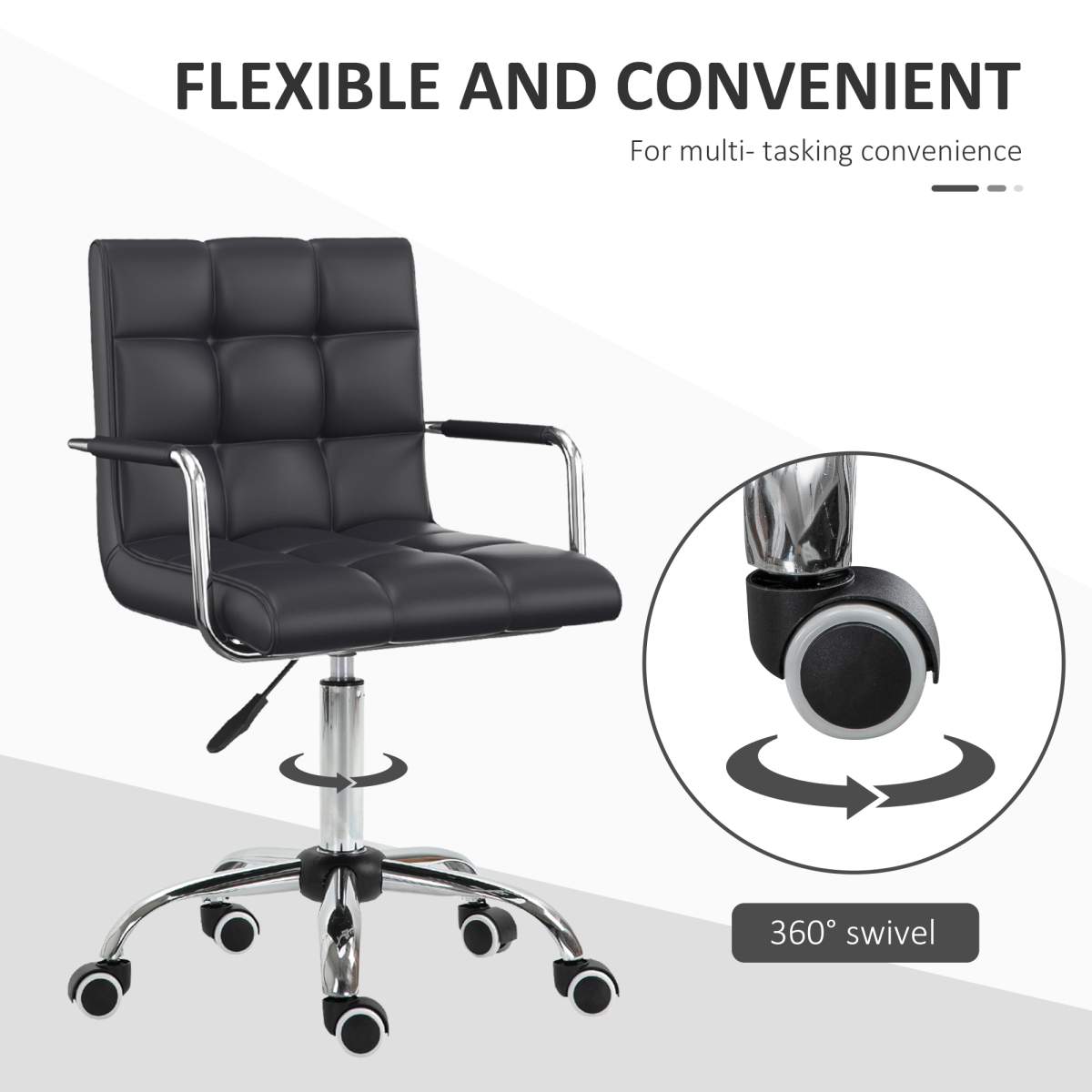 Mid Back PU Leather Home Office Chair Swivel Desk Chair with Arm, Wheel, Black