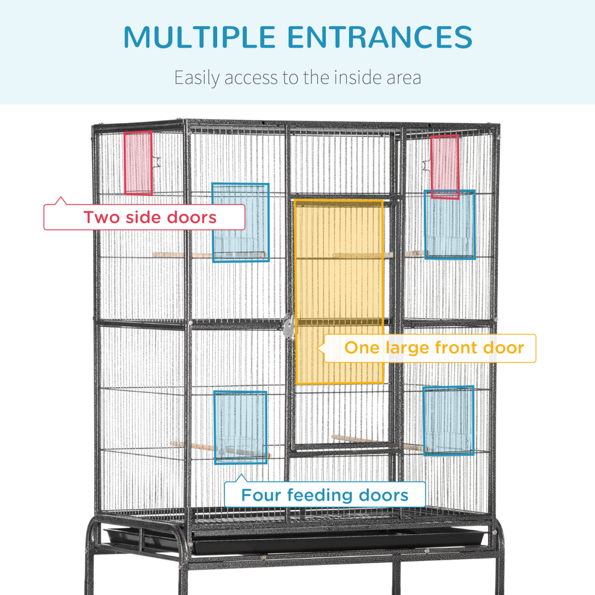 Rolling Bird Cage w/ Detachable Stand, Storage Shelf, Wood Perch, Food Container