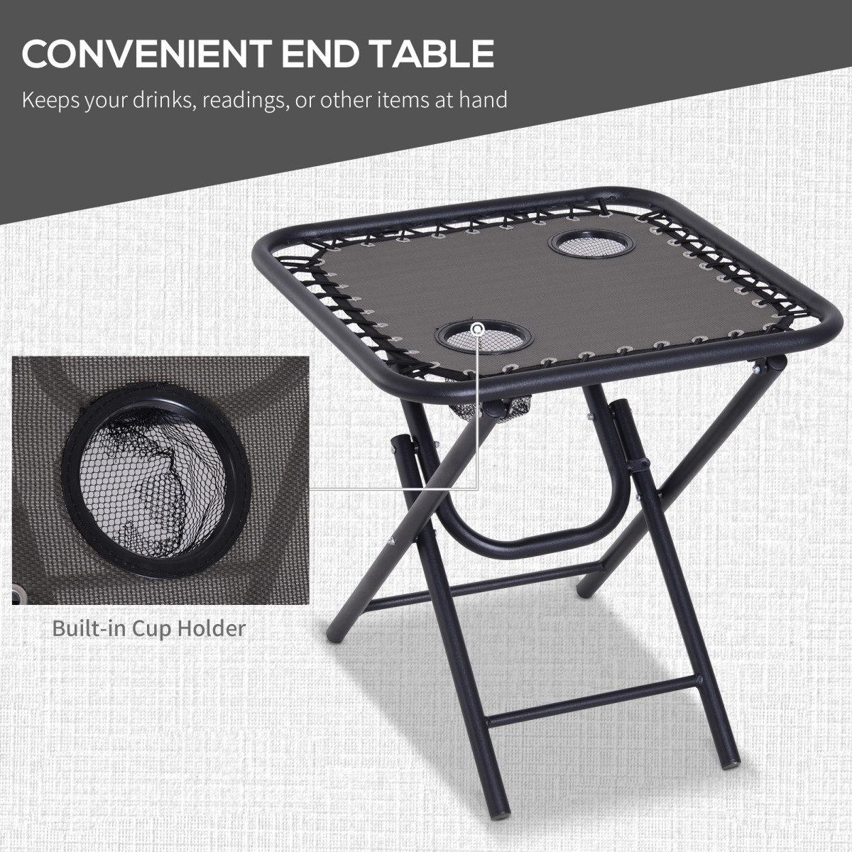 3PC Zero Gravity Chairs Sun Lounger Table Set Cup Holders Dark Grey Outsunny