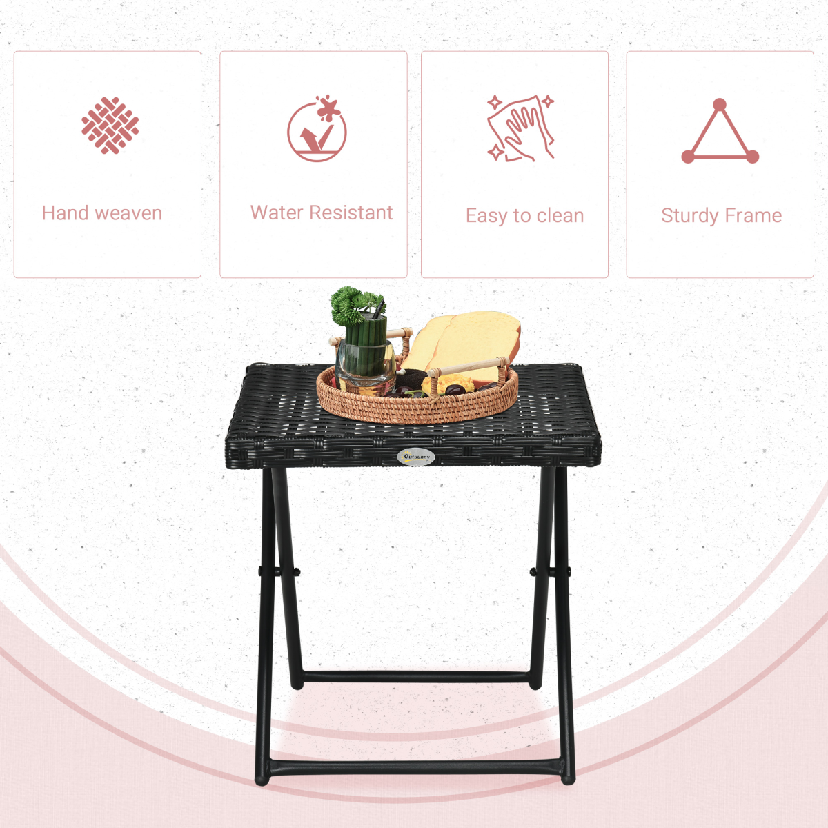 Folding Square Rattan Coffee Table for Bistro Balcony Garden Outdoor Black
