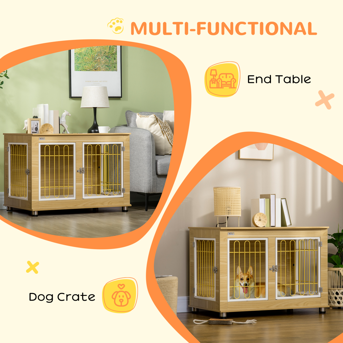 Dog Crate Furniture, Dog Crate End Table w/ Soft Cushion, Double Door - Oak Tone
