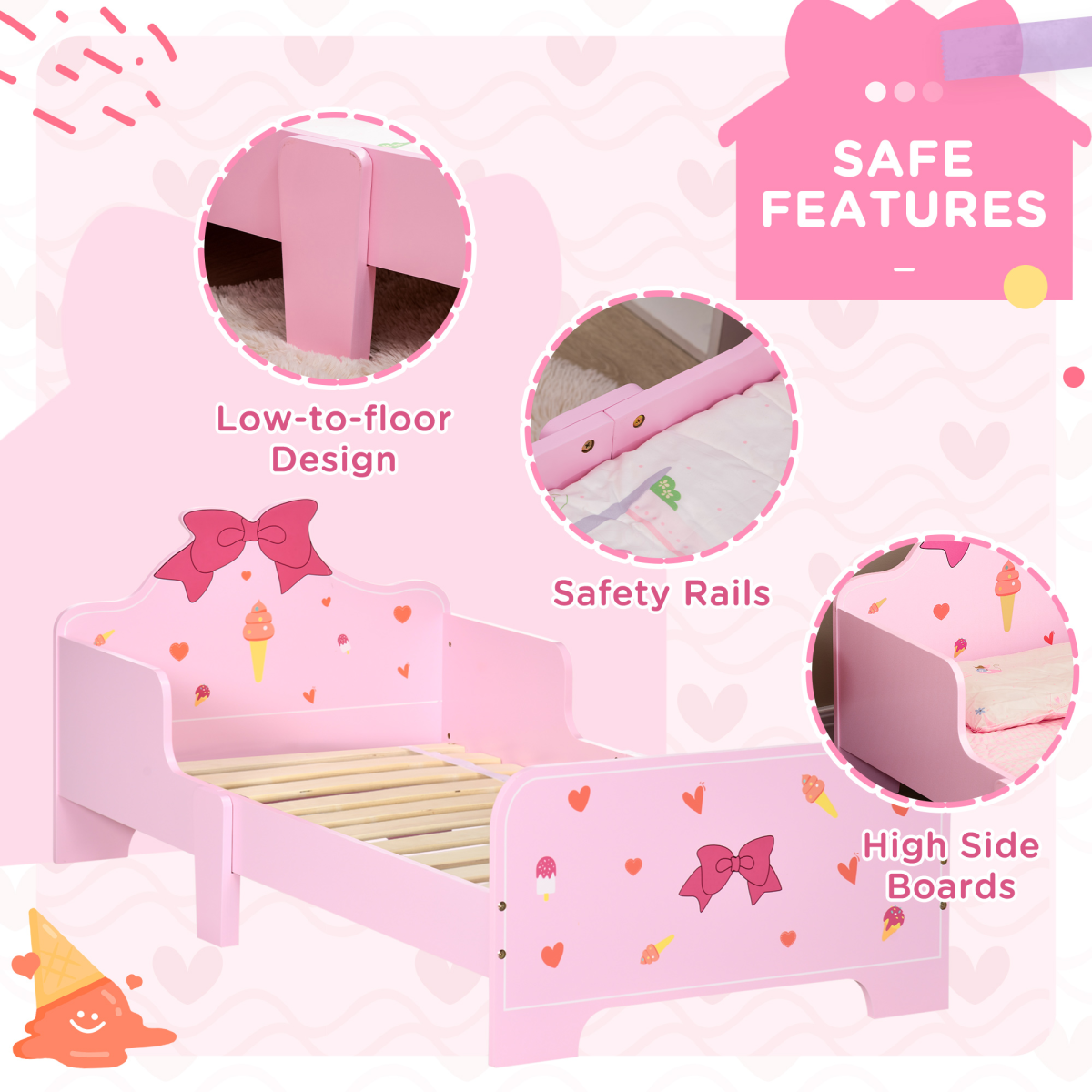 Princess-Themed Kids Toddler Bed w/ Cute Patterns, Safety Rails - Pink