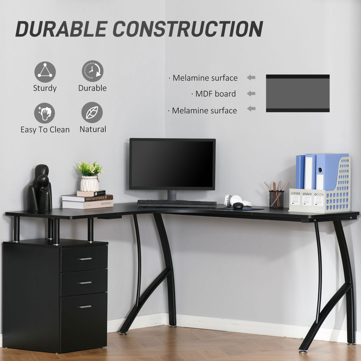 L-Shaped Corner PC Desk Table w/ Drawer Home Office Workstation, Black HOMCOM
