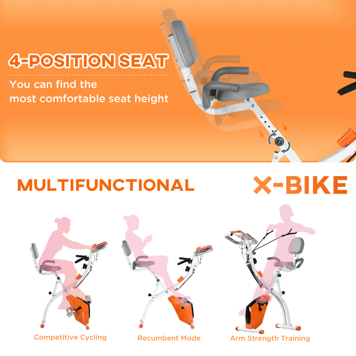 2-In-1 Upright Exercise Bike 8-Level Adjustable with Pulse Sensor Orange