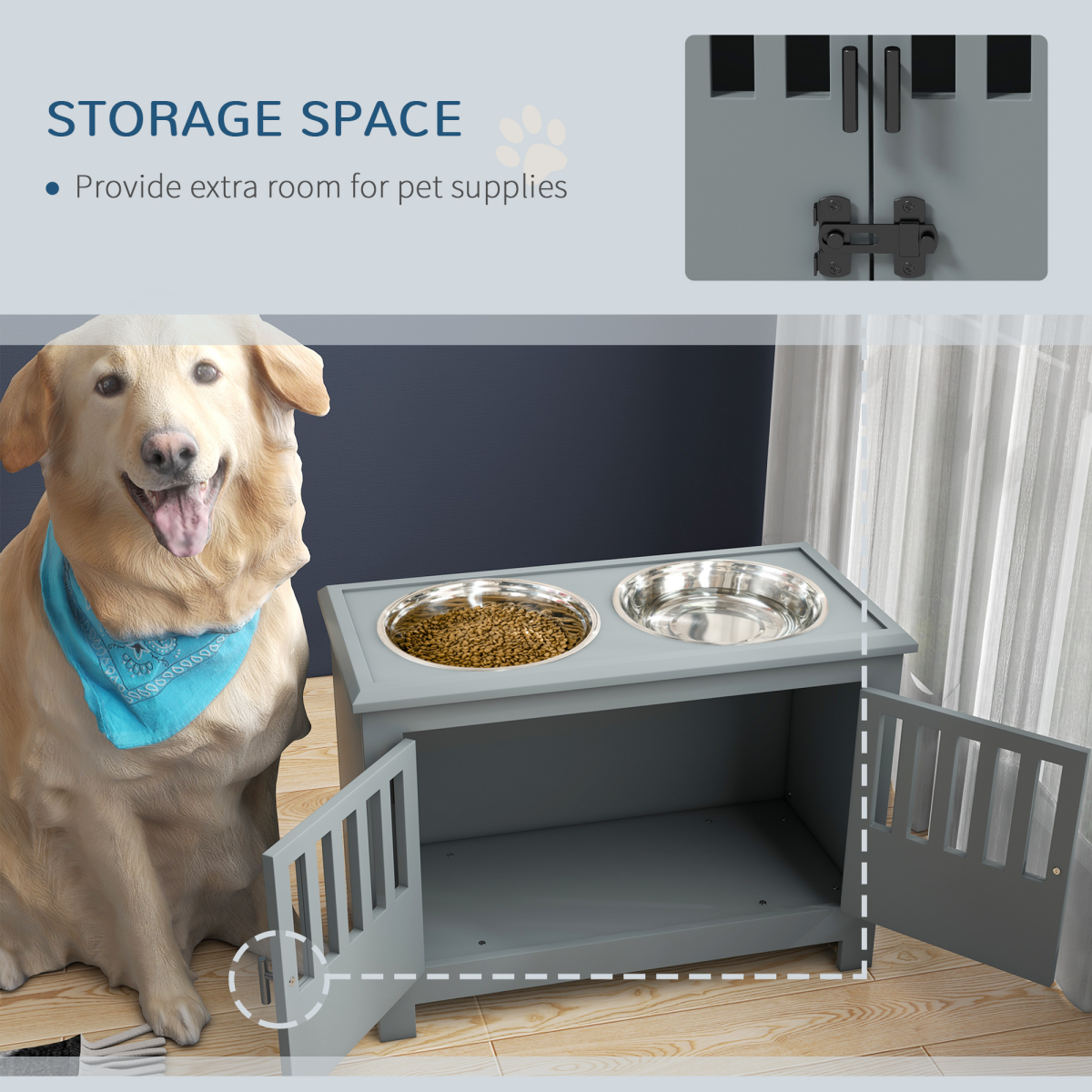 PawHut Raised Dog Bowls for Large Dogs Feeding Station with Stand Storage - Grey