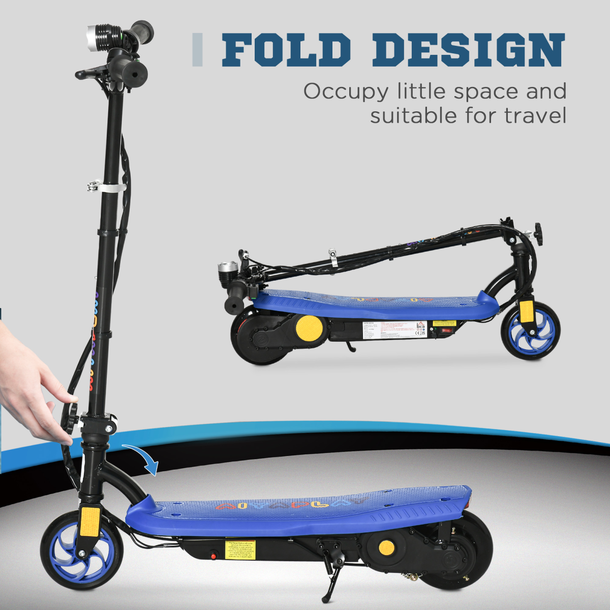 Folding Electric Scooter E-Scooter w/ LED Headlight, for Ages 7-14 Years - Blue