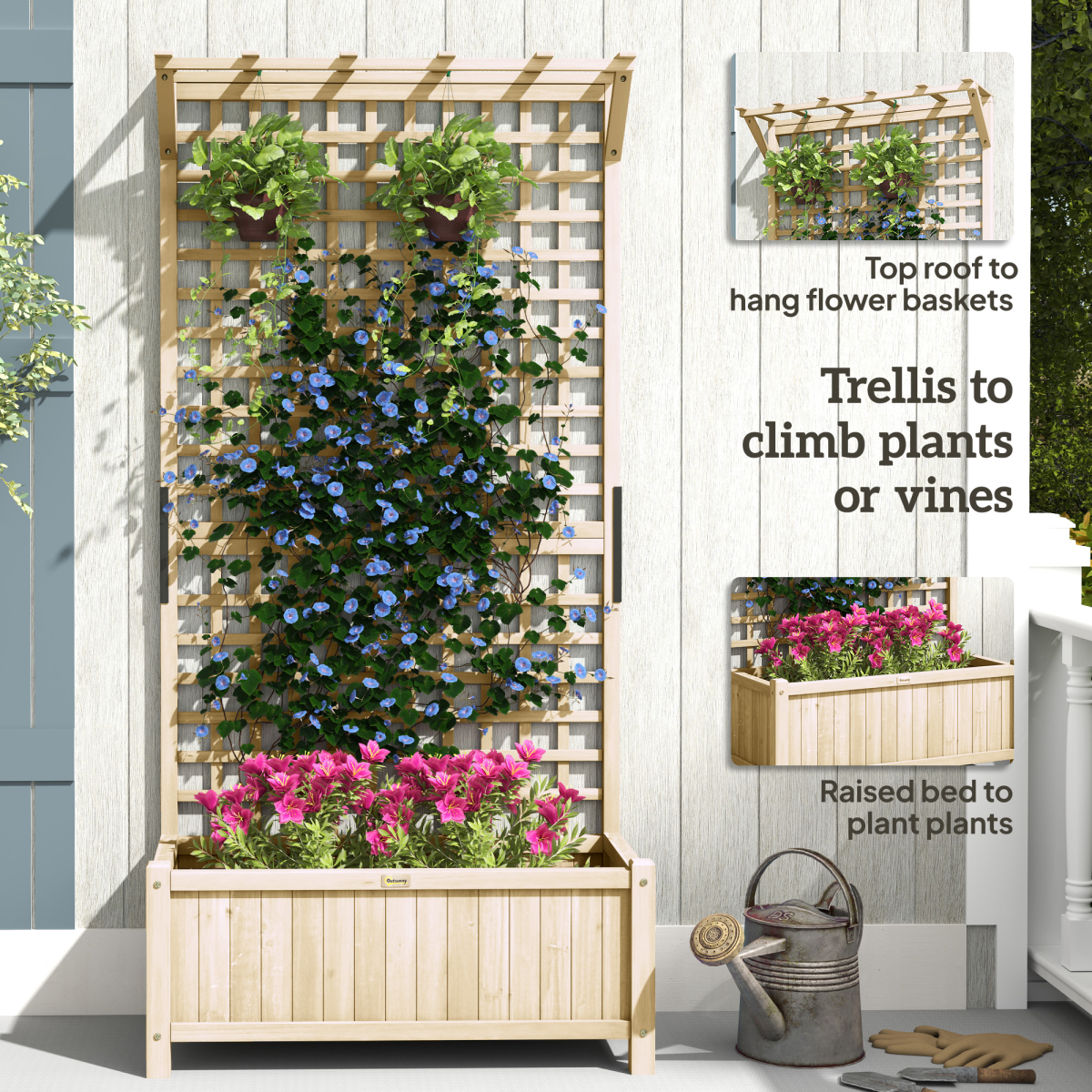 Outsunny Wood Planter with Trellis for Climbing Plants Vines Planter Box Natural