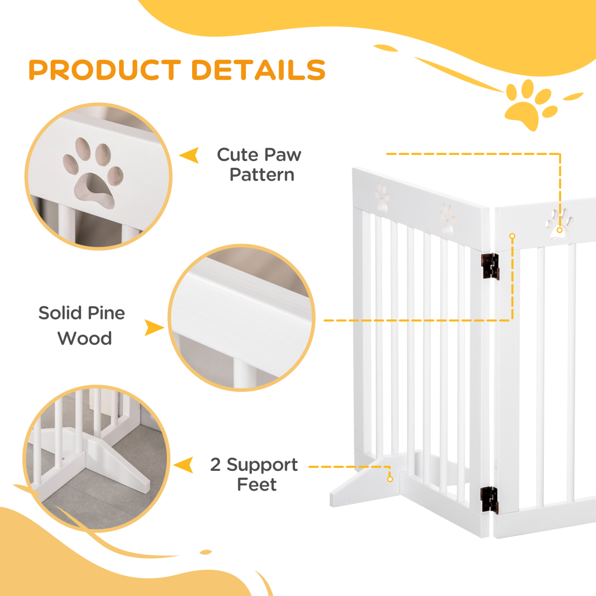 Freestanding Pet Gate 4 Panel Folding Wooden Dog Barrier w/ Support Feet