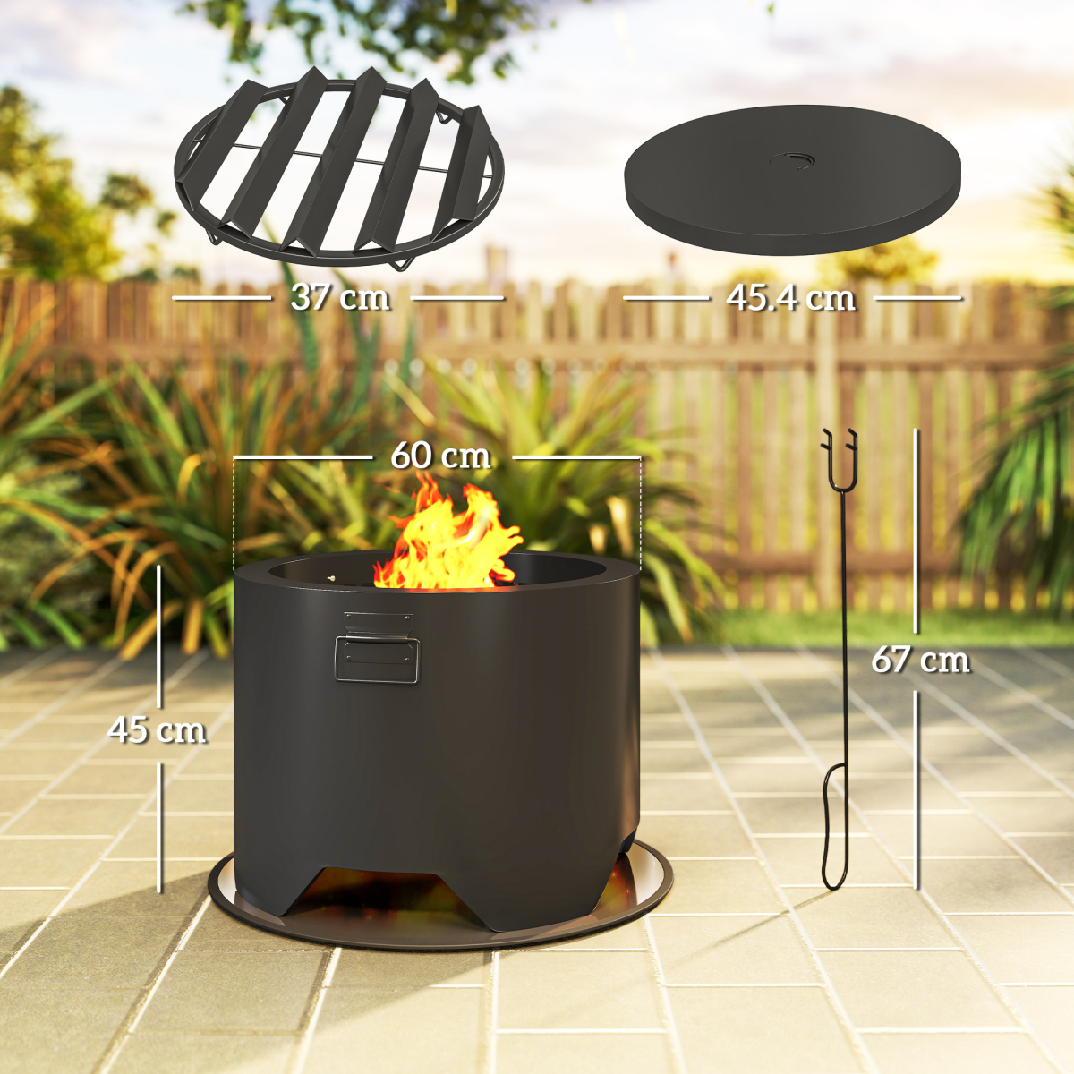 Outsunny Outdoor Round Fire Pit with Lid, Firepit with Fire Poker, Black