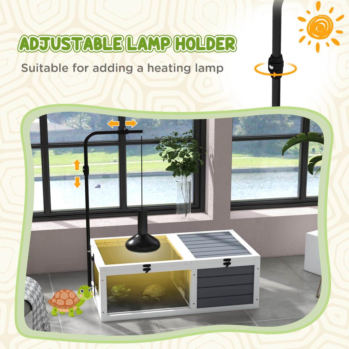 PawHut Tortoise House, Wooden Tortoise Table w/ Adjustable Lamp Holder - Grey