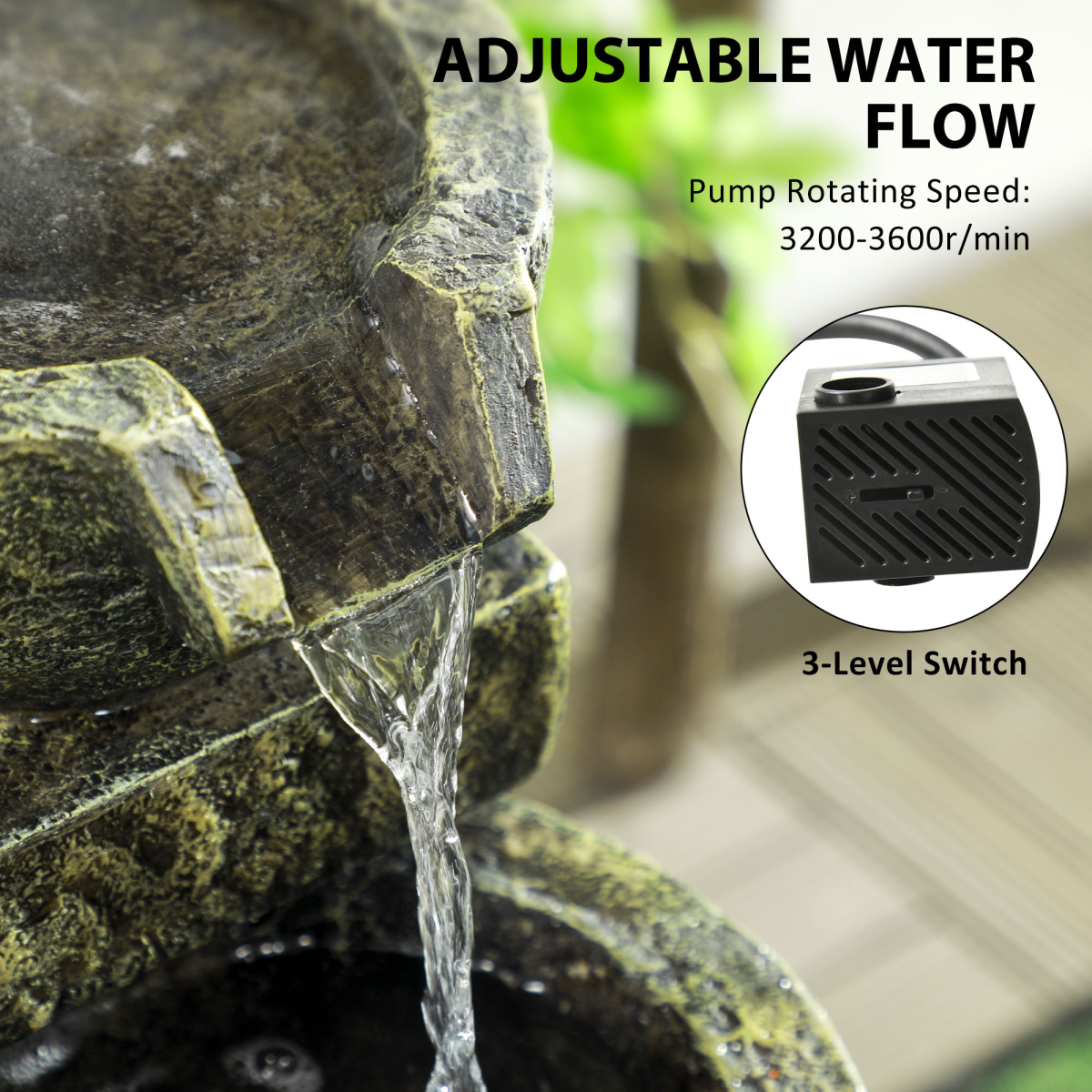 Outsunny Garden Water Feature with Adjustable Flow, 4-Tier Stone Look Bowls