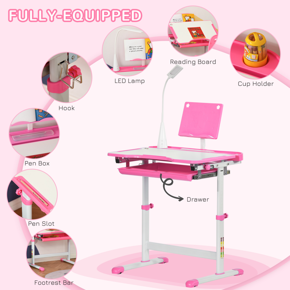 Kids Study Desk and Chair Set w/ Adjustable Height, Storage Drawer - Pink