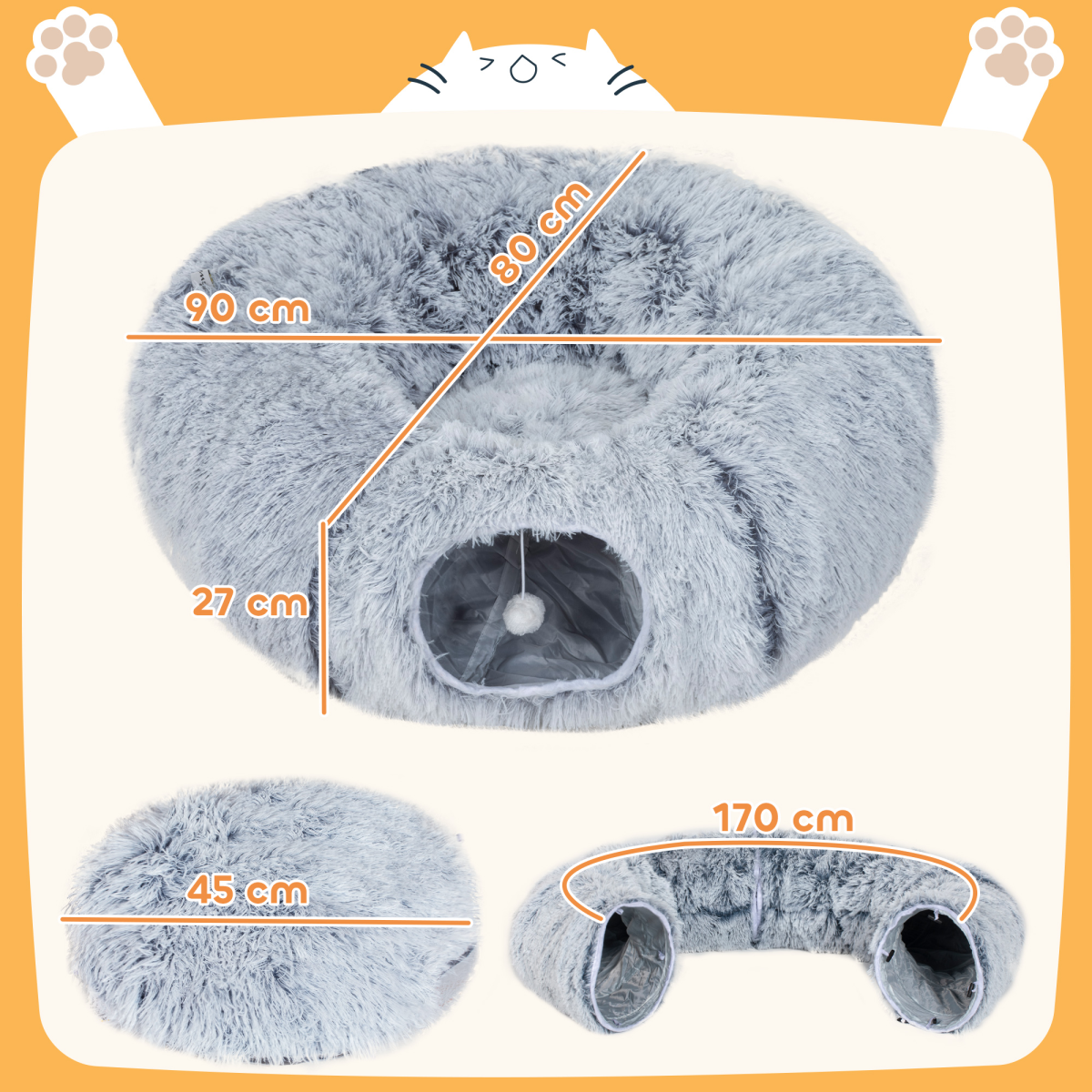 PawHut Donut Play Tunnel Bed with Washable Cushion and Toy Ball, Light Grey