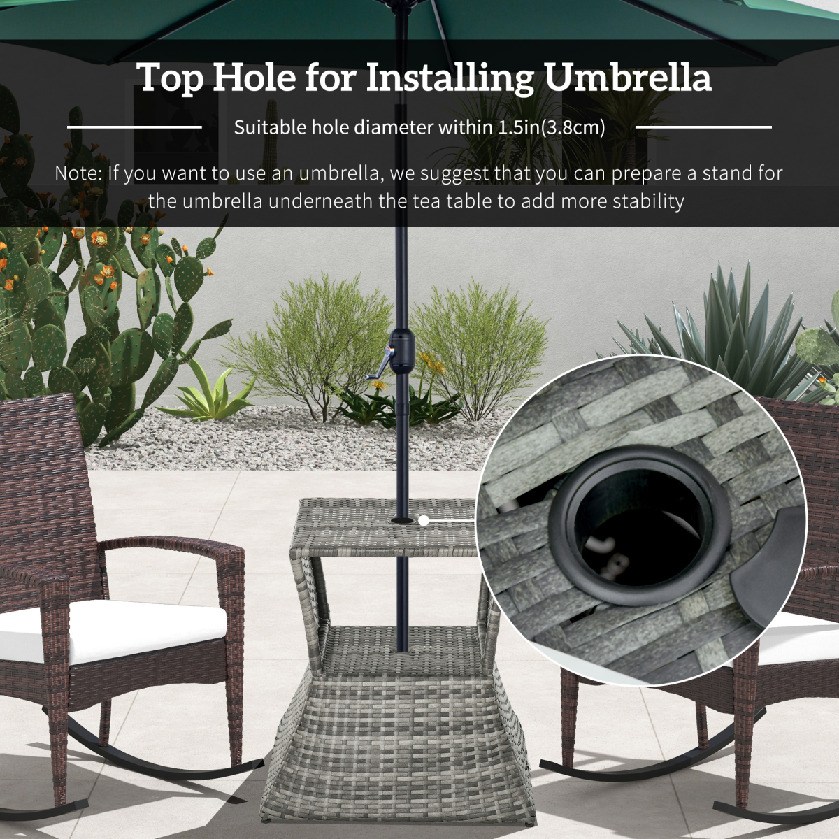 Outsunny Rattan Wicker Tea Coffee Table w/ Umbrella Hole and Storage Space Grey