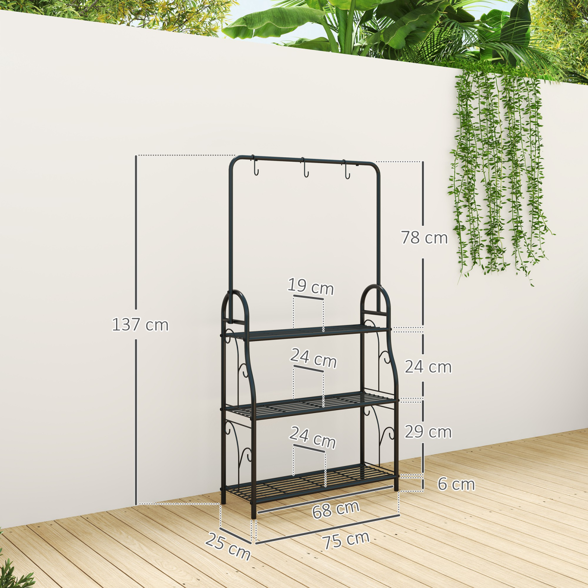 Outsunny 3 Tier Plant Stand w/ Hanging Hooks for Balcony Living Room, Black