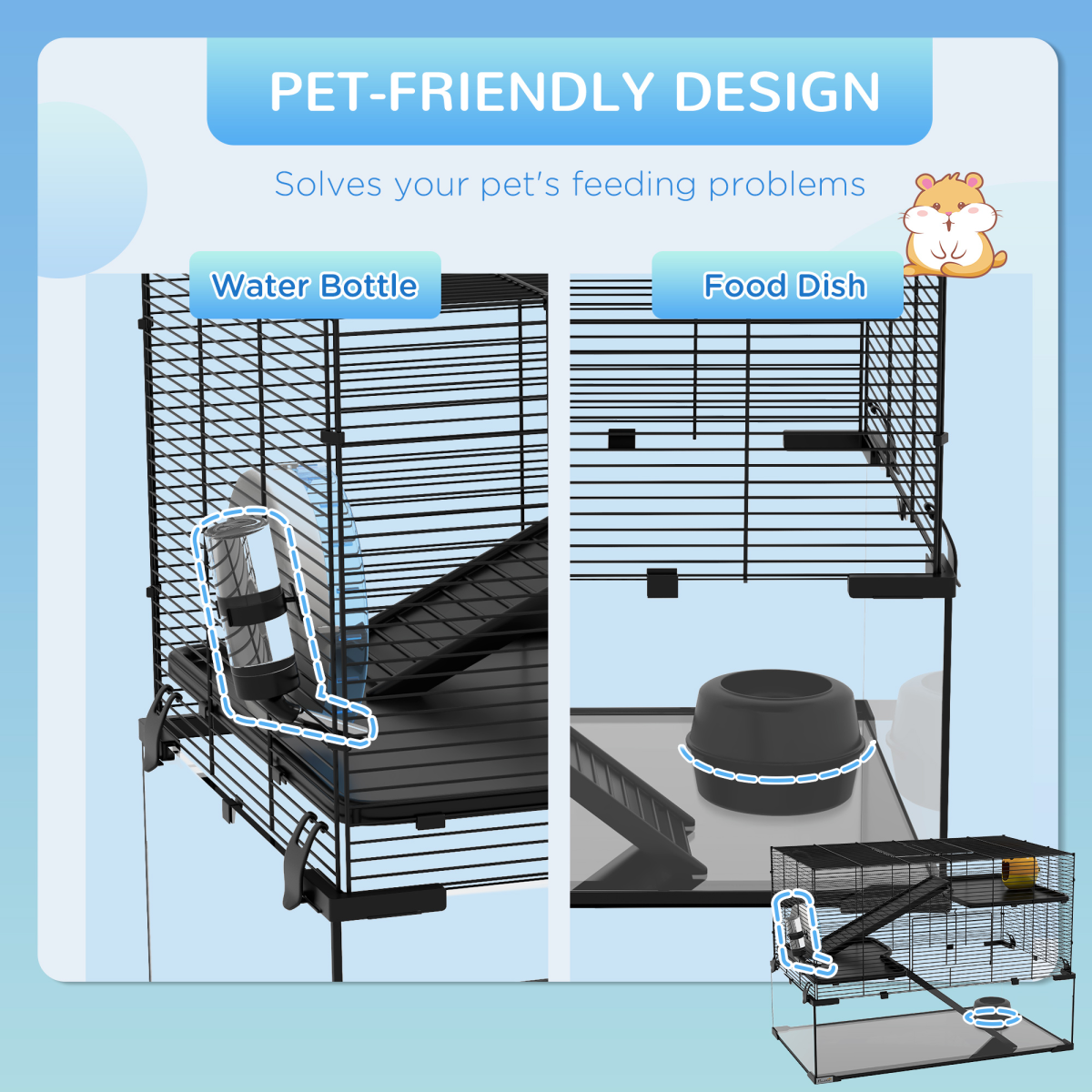 3 Tiers Hamster Cage w/ Deep Glass Bottom, Dish, Hut, 78.5 x 48.5 x 57cm
