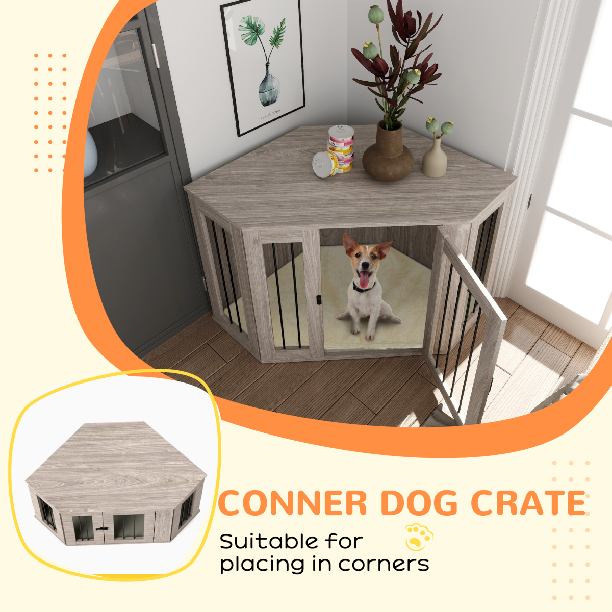 PawHut Dog Crate Furniture for Large Dogs w/ Cushion, Door - Walnut Brown