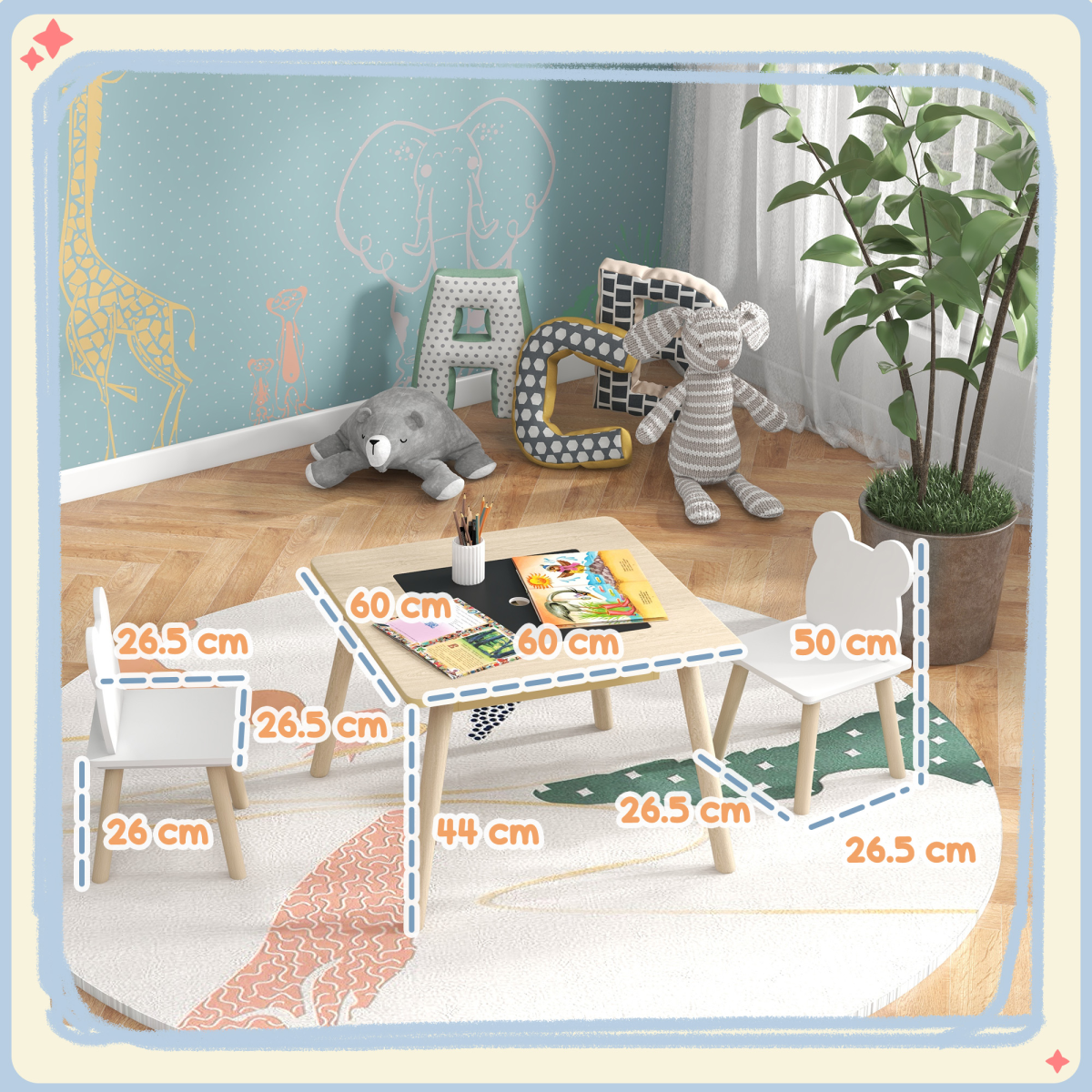 AIYAPLAY 3-Piece Toddler Table and Chairs Set for Nursery, Playroom